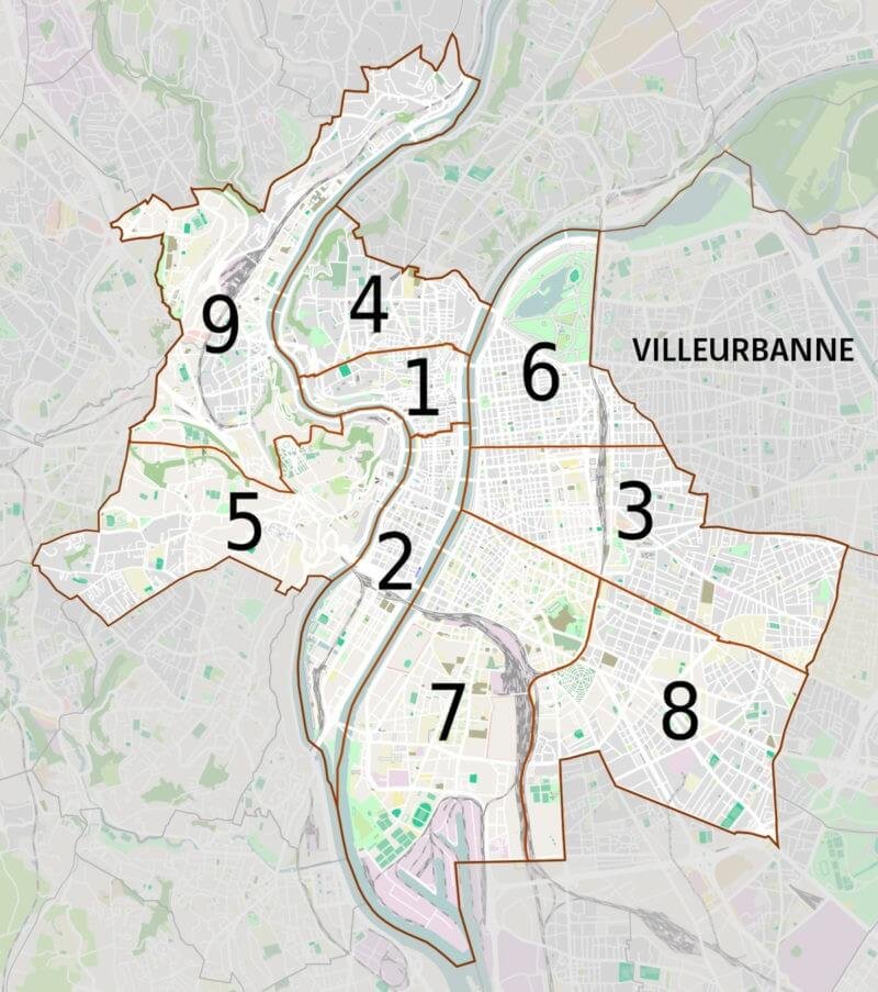 Carte des 9 arrondissements de la ville de Lyon